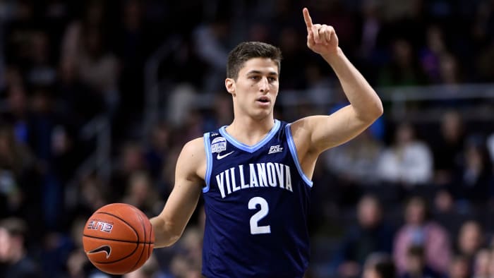 Villanova men's basketball player Collin Gillespie calls out play during game